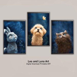 Whimsical Rabbit, Dog & Cat Art Print: Home Decor (Digital Download)