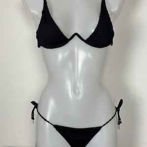 Classic Black Smocked Bikini Set with Adjustable Straps and Ties