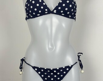 Navy Blue Polka Dot Bikini with Tie Sides and Pearl Detailing