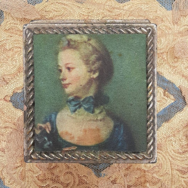 REDUCED FREE SHIPPING Vtg Antique Look Victorian Lady Satin Top Portrait Print Small Vanity Trinket Jewelry Box
