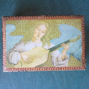 Reduced FREE SHIP Vtg Gold Victorian Designs Framed Angelic Woman Musical Instrument Print Florentine Tole Jewelry Trinket Box, ITALY