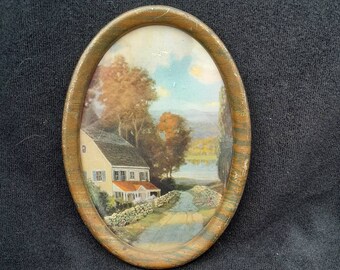REDUCED FREE SHIPPING Antique Early Tin Metal Framed Country Cottage Lakeside Print Victorian Oval Picture Frame