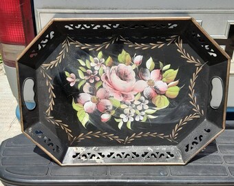 Bl Hand Painted Vintage  Folding Tole Tray Tablel 