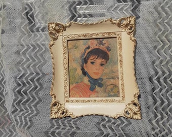REDUCED FREE SHIPPING Vtg Shabby Cream Tone Syroco Style Framed Young French Lady Huldah Style Print Fancy Victorian Designs Picture Frame