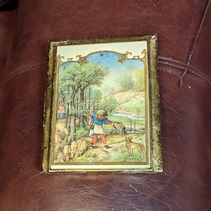 FREE SHIP Vtg Shabby Gold Tone Italian FLORENTINE Tole Wood Framed Pastoral Outdoor Landscape Scene Small Wall Hanging, Italy