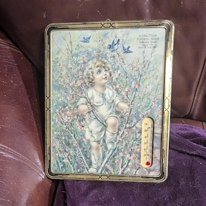 FREE SHIPPING Vtg 1930&#39;s Art Deco Metal Framed Girl With Bluebirds A Friendly Intruder Print Advertising Thermometer, WORKS