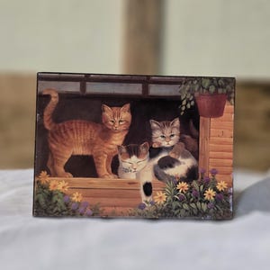 FREE SHIPPING Vtg Wood Kitty Cats Flowers Designs Jewelry Trinket Box