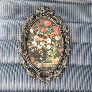 FREE SHIPPING Vtg Ornate Antique Brass Victorian Scroll Designs Framed Floral Flowers Bouquet Print Fancy Cast Metal Picture Frame, Italy