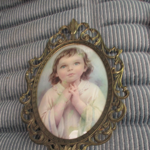 Reduced FREE Ship Vtg Antique Brass FLAT Glass Framed Young Victorian Girl Praying Print Victorian Scroll Look Gold Metal Picicture FRAME