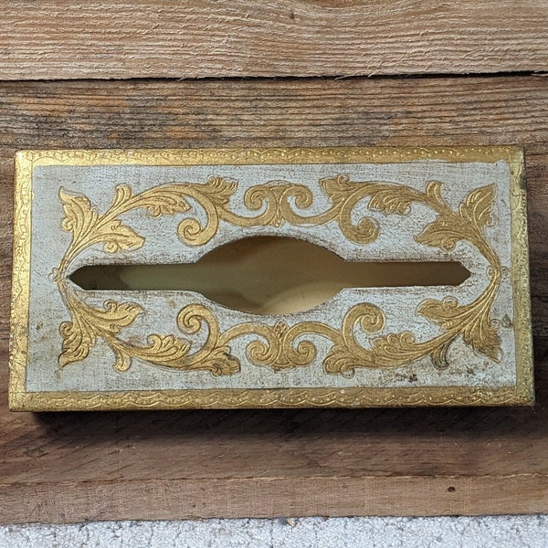 FREE SHIPPING Vtg Shabby Gold Cream Tone Victorian Scroll Designs Florentine Tolewood Hinged Tissue BOX, Italy