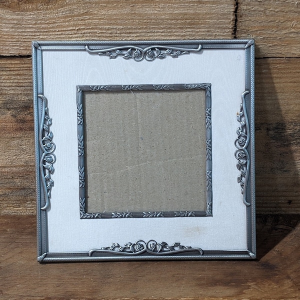 FREE SHIPPING Vtg 1997 Victorian Look Fancy Scroll Designs Silver Gray Tone Metal Easel Back Picture Frame, Holds 8 x 8 View 4.25 x 4.25