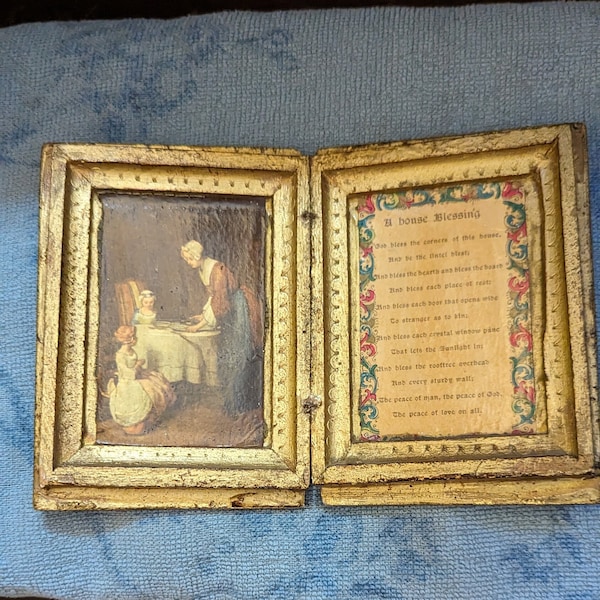 FREE SHIPPING Vtg Gold Tone Italian Florentine Tole Wood Bifold Book Framed House Blessing Print Prayer Motto, Italy