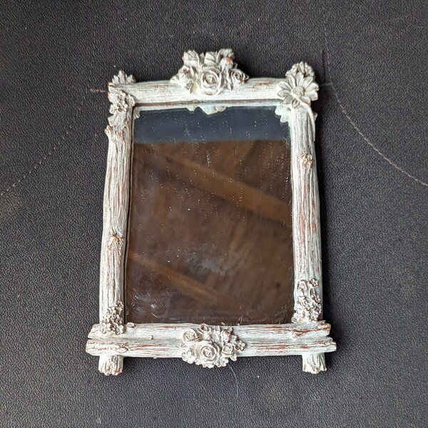 FREE SHIPPING Vtg Syroco Resin Style Shabby Distressed Off White Tone Floral Flower Designs Wall Mirror, 6.5 x 9.5