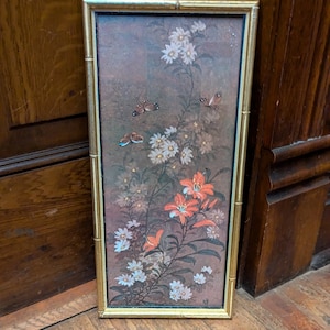 REDUCED FREE SHIPPING Vtg Mid Century Gold Wood Framed Oriental Flowers Butterfly Print #2