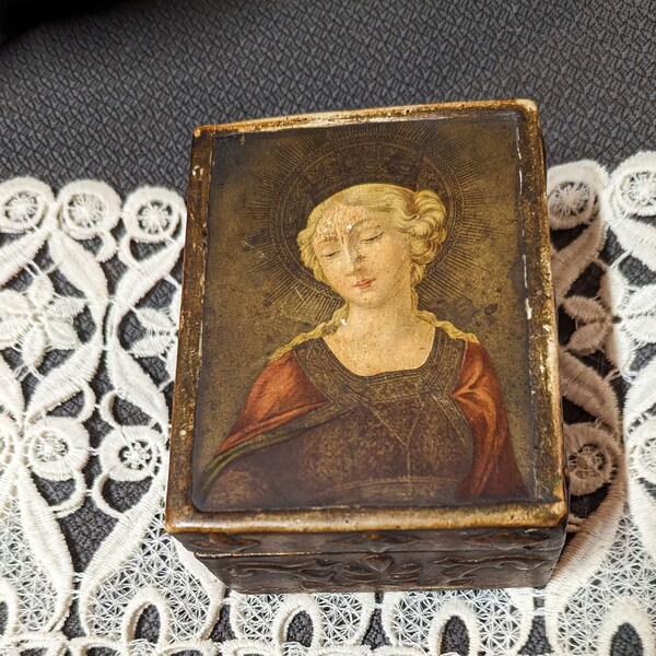 FREE SHIP Vtg Antique Look Dark Gold Bronze Tone Italian Florentine Style Tole Wood Framed Victorian Lady Portrait Print Jewelry Trinket Box