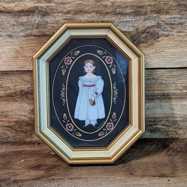 FREE SHIPPING Vtg Reverse Glass Look Two Tone Cream Gold Framed Victorian Girl Print Octagon Wood Picture Frame, Arlene Kaminsky