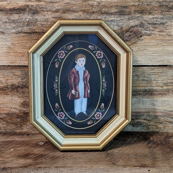 FREE SHIPPING Vtg Reverse Glass Look Two Tone Cream Gold Framed Victorian Boy Print Octagon Wood Picture Frame, Arlene Kaminsky