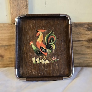 FREE SHIPPING Vtg Wooden Rooster Tray, 6 x 7.5
