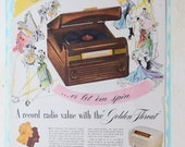REDUCED Vtg 1940 39 s RCA Victor Radio Golden Throat Magazine Advertisement Ad Victrola Music 2 Sided Art Print, 9.5 quot x 13 quot , VGC