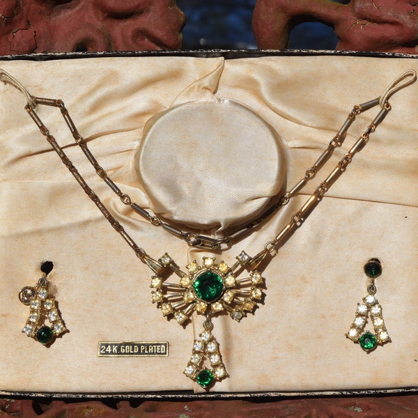 REDUCED FREE SHIPPING Vtg Mid Century 24K Gold Plated Demi Parure Faux Diamonds Emeralds Necklace Earrings Set