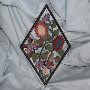 REDUCED FREE SHIPPING Vtg Mid Century Colorful Black Diamond Shaped Syroco Floral Flowers Openwork Designs Wall Plaque