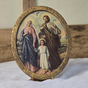 FREE SHIPPING Vtg Victorian Look Gold Tone Metal Framed Holy Family Jesus Mary Joseph Print