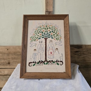 FREE SHIPPING Vtg Wood Framed Cross Stitch Embroidered 1975 Give Us This Day Our Daily Bread Folk Art Motto