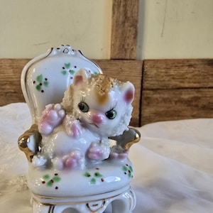 FREE SHIPPING Vtg Mid Century Ceramic Kitty Cat Kitten in hair Figure Figurine, Japan