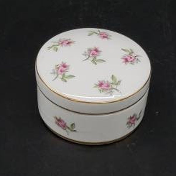 REDUCED FREE SHIPPING Vtg Mid Century I.W. Rice Co White Floral Pink Rose Flowers Ceramic Jewelry Trinket Box