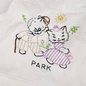 REDUCED FREE SHIPPING Vtg Park Kitty Cat Kitten Theme Embroidered Tea Towel