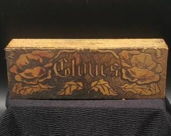 REDUCED FREE SHIPPING Antique Flemish Art Victorian Designs Pyrography Gloves Box