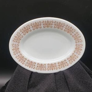 REDUCED FREE SHIPPING Vtg Mid Century Pyrex Copper Filigree Milk Glass Oval Serving Dish Tableware by Corning, 2 Available