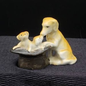REDUCED FREE SHIPPING Vtg Ceramic Mother Dog Puppies Tophat Small Bud Vase Planter, Japan