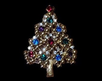 REDUCED FREE SHIPPING Vtg Eisenberg Gold Tone Faux Jewel Christmas Tree Metal Pin Brooch
