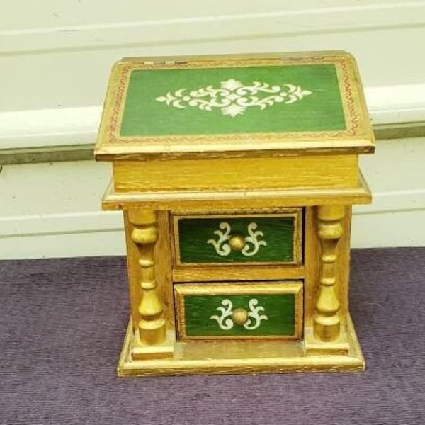 REDUCED FREE SHIP Vtg Gold Green Tone Victorian Designs Three Drawer Florentine Tole Wood Music Jewelry Trinket Box, Plays Lara's Theme