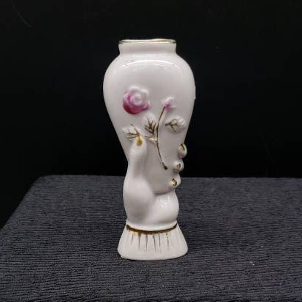REDUCED FREE SHIPPING Vtg Light Pink Capodimonte Style Floral Flower Designs Small Hands Holding Bud Vase