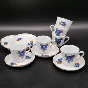 REDUCED FREE SHIPPING Vtg Mid Century Kahla Retro Mod Floral Flower Designs Set of Six Tea Cups and Saucers