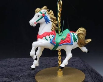 FREE SHIPPING Vtg 1989 Hallmark Snow Carousel Horse Christmas Holiday Ornament