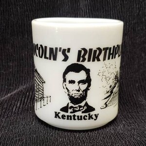 REDUCED FREE SHIPPING Vtg Mid Century Abe Lincoln&#39;s Birthday Kentucky Milk Glass Souvenir Coffee Cup Mug