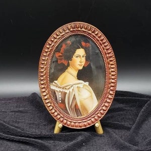 REDUCED FREE SHIPPING Antique Ornate Reddish Brown Gold Tone Framed  Wealthy Victorian Lady Portrait Reverse Painting On Glass