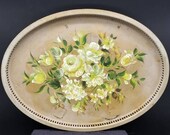 REDUCED FREE SHIPPING Vtg Tole Hand Painted Floral Flowers Designs Creamy Tan Metal Toleware Serving Tray, 16 x 22