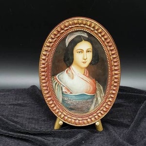 REDUCED FREE SHIPPING Antique Reddish Brown Gold Tone Framed Wealthy Young Victorian Lady Portrait Reverse Painting On Glass