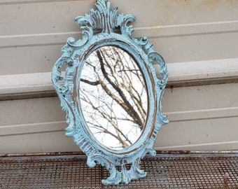 FREE SHIPPING Vtg Antique Look Ornate Shabby Blue Tone Syroco Style Victorian Scroll Designs Framed Wall Mirror