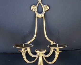 FREE SHIPPING Vtg Ornate Antique Brass Victorian Style Designs Cast Metal 2 Arm Votive Candle Holder Wall Sconce