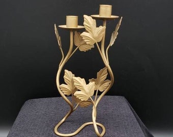 REDUCED FREE SHIPPING Vtg Gold Metal Victorian Look Leaf Scroll Designs 2 Arm Candle Holder