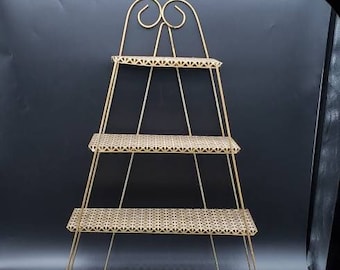 REDUCED FREE SHIPPING Vtg Mid Century Gold Metal Mesh Four Tier Display Stand Shelf