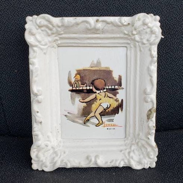 REDUCED FREE SHIP Vtg Mid Century White Tone Framed Lowell Susy Wee Musician Print Small Baroque Style Chalk Resin Picture Frame