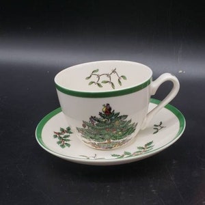 Reduced FREE SHIPPING Vtg Spode Christmas Tree Coffee Tea Cup Saucer Set, NIB