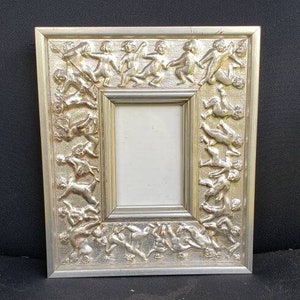 REDUCED FREE SHIPPING Vtg Antique Look Silver Tone Cherub Angel Designs Fancy Photo Picture Frame, Holds 3.5 x 5