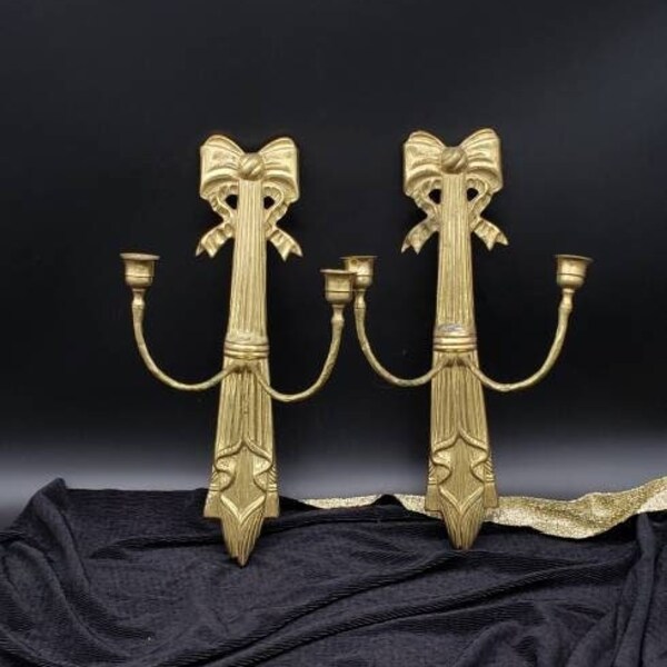 FREE SHIPPING Vtg Pair Gold Tone Bow Top Drape Designs Cast Metal 2 Arm Candle Holder Wall Sconces